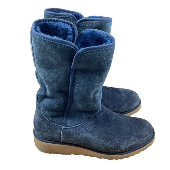 Ugg Womens Blue Suede Mid-Calf Boots With Shearling Lining & Rubber Sole Size 7. - Picture 2 of 10
